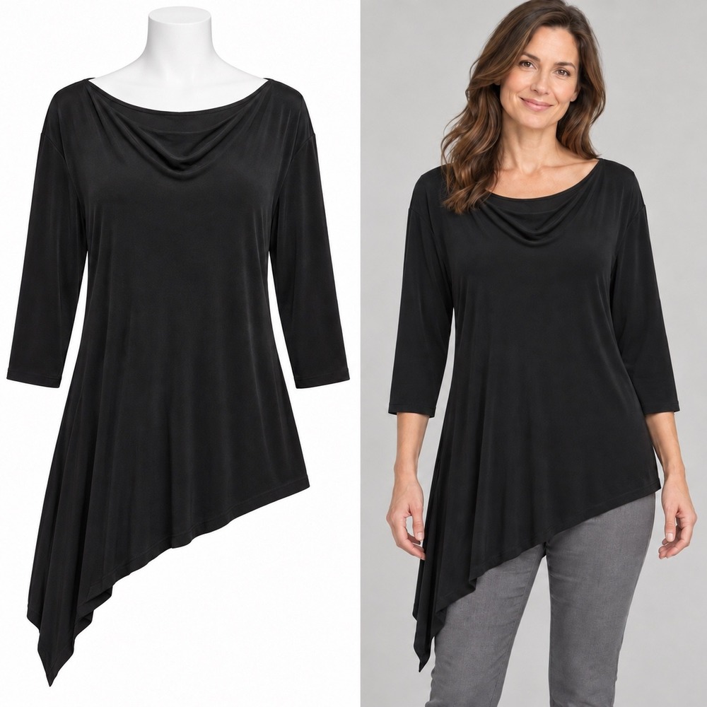 Chicos Travelers Top Womens L 2 Black Asymmetric Hem 3/4 Sleeve Drape Neck Tunic